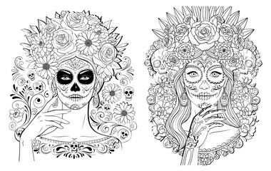 Vector art of two sugar skull women with floral headdresses, a coloring page for adults