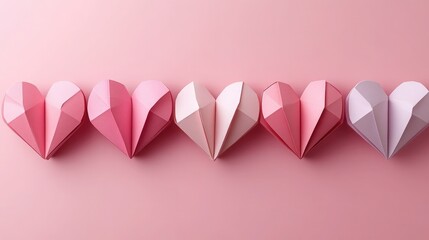 Pink Origami Paper Hearts Isolated on Transparent Background, Crafty Valentine's Design.