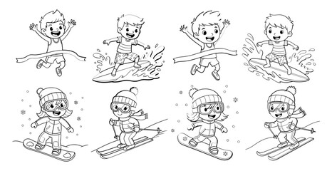 Vector art of collection of children engaging in summer and winter sports, in a cute cartoon style