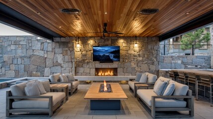 Outdoor living area with modern stone walls, a wooden ceiling, and comfortable seating around a fire pit.