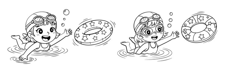 Obraz premium Vector art of a cute girl is swimming with a swim ring in the water