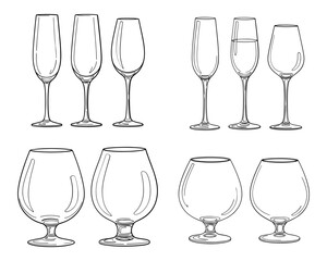 Illustration of various types of wine glasses, including champagne and brandy