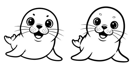 Vector art of two adorable baby seals are smiling happily, vector line art illustration