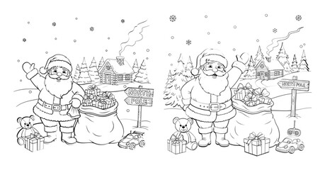 Illustration of santa claus with gifts and a snowy background for coloring book