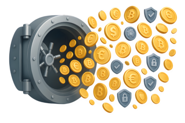 Modern Bank Vault Door with Gold Coins and Digital Currency – Transparent PNG