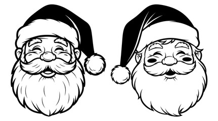 Vector art of two cheerful santa claus faces, drawn in a simple black and white vector style
