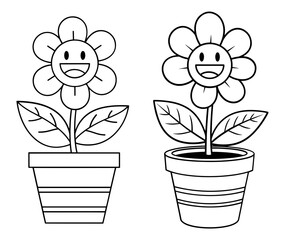 Vector art of two cartoon flowers in pots with smiling faces, coloring page for kids