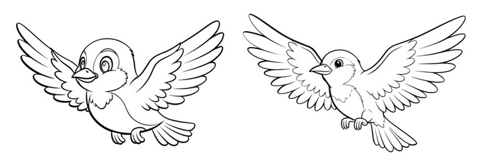 Vector art of two cartoon birds flying with their wings spread, coloring page for kids