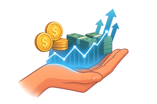 Hand Holding Glowing Financial Graph with Coins and Money – Transparent PNG