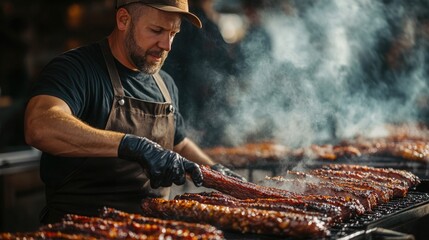 Pitmaster Tending to Smoker Full of Meats in Barbecue Cooking - Expert Cooking Techniques for Barbecuing Meats.