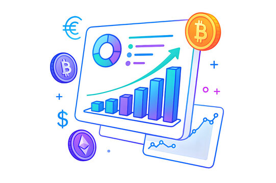 Augmented Reality Financial Dashboard with 3D Graphs and Crypto Coins – Transparent PNG