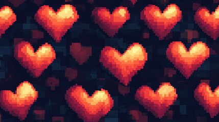 Pixel Art Hearts Seamless Pattern, 8-Bit Red Hearts for Retro and Nostalgic Designs.