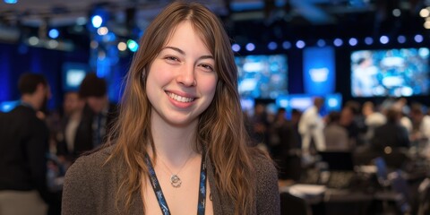 Smiling Young Woman at a Networking Event with a Professional Atmosphere