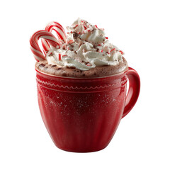 Steaming cup of hot cocoa in red mug with creamy topping isolated on transparent background for winter design