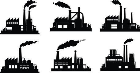 Fototapeta premium Industrial factory silhouettes set with chimneys and smoke, black vector buildings, heavy manufacturing plants, power stations, industry pollution illustration design