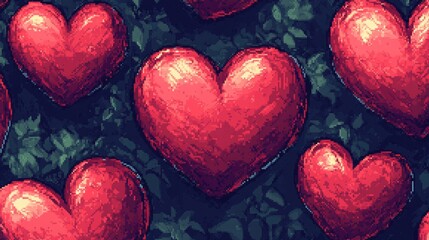 Pixel Art Hearts Seamless Pattern, 8-Bit Red Hearts for Retro and Nostalgic Designs.