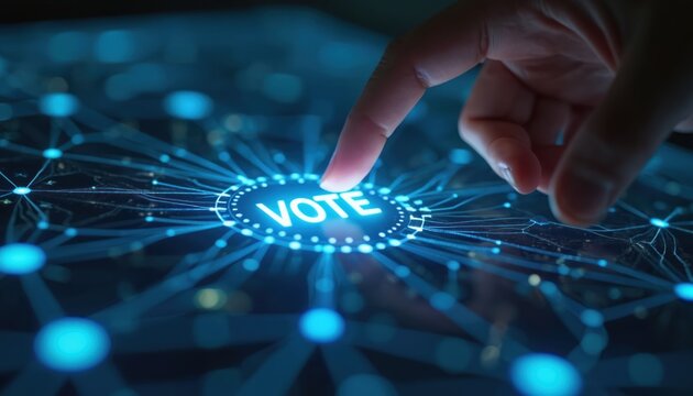 Finger presses large glowing button labeled VOTE on sleek touchscreen interface. Digital network graphics surround button. Symbolizes online voting future and digital democracy participation.