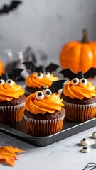 Halloween cupcakes decorated with orange frosting and chocolate