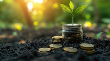 Plant Growing in Savings Coins for Investment and Interest Concept