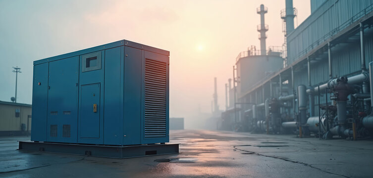Industrial compressed air dryer unit with vents, doors, placed outdoors on wet concrete surface. Hazy background features factory buildings, pipes under soft, hazy sky with sun glare. Modern