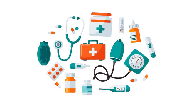 Collection of Medical Instruments and Supplies Arranged in a Circle with Various Health Care Items Featuring Stethoscope Blood Pressure Monitor Thermometers and First Aid Kit