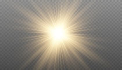 Golden starburst light effect. Gold star with rays, isolated. Sun PNG on transparent background