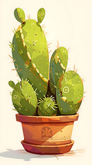 Big green thorny cactus in cartoon pot, cartoon illustration
