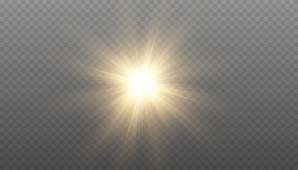 Golden starburst light effect. Gold star with rays, isolated. Sun PNG on transparent background © Iryna