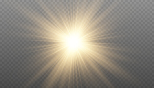 Golden starburst light effect. Gold star with rays, isolated. Sun PNG on transparent background