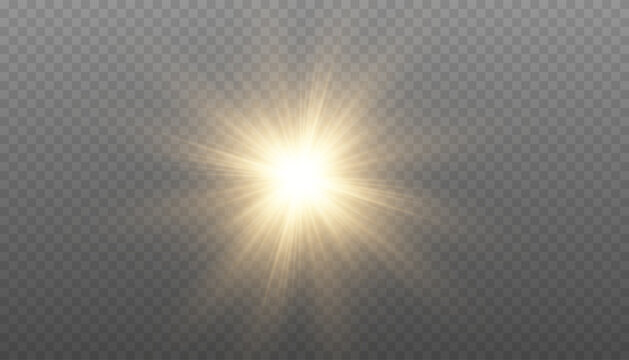 Golden starburst light effect. Gold star with rays, isolated. Sun PNG on transparent background