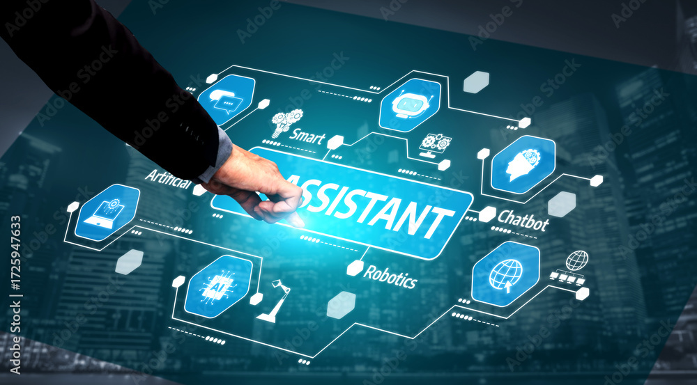 Poster a close-up view of a hand interacting with a digital interface showcasing the concept of assistants 