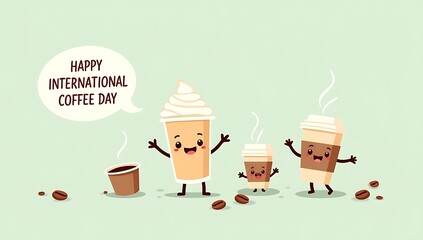 Cute cartoon coffee cups celebrate international coffee day with happy expressions