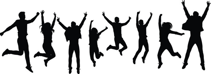 group jumping, celebration, silhouette, joy, freedom, teamwork, energy, happiness, movement, success, outdoors, unity