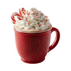 Steaming cup of hot cocoa in red mug with creamy topping isolated on transparent background for winter design