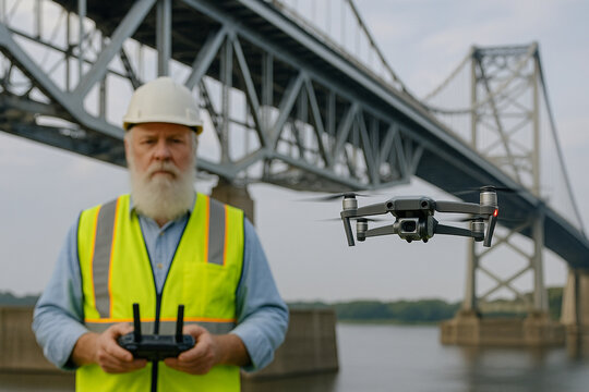 Drone inspecting bridge structure with senior male operator out of focus
