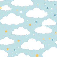 Cute clouds and stars on a light blue background.  A simple, peaceful design