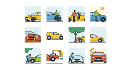 Collection of Illustrated Car Related Scenarios Depicting Diverse Automotive Services and Situations