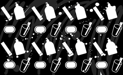 Pattern with bathroom items toothbrush toothpaste soap shampoo vector svg icons silhouette black