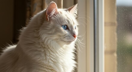 Elegant Turkish Angora cat portrait, with striking blue eyes near a window