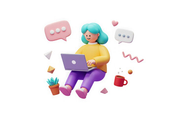 3d character working on laptop with social media icons isolated on transparent background