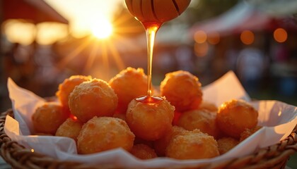 Golden loukoumades, crispy fried dough balls, generously drizzled with sweet honey at sunset. This traditional Greek dessert offers a warm, festive culinary delight enjoyed at outdoor markets.