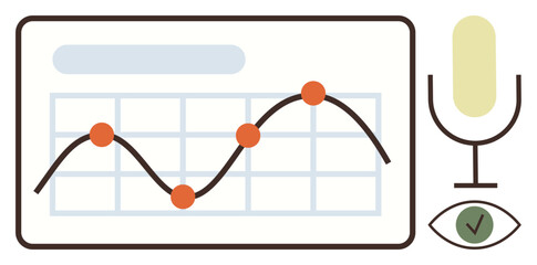 Analytics chart with trend line, microphone symbol, and eye representing visual monitoring. Ideal for data analysis, speech-to-text, AI technology, monitoring systems, business tools, trend analysis