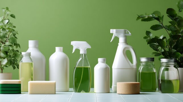Eco friendly spray bottles green cleaning products lifestyle commerce photography concept