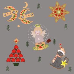 sticker-pack with winter solstice symbols, stars, cute angel, cats, christmas tree from pink hearts, on grey background
