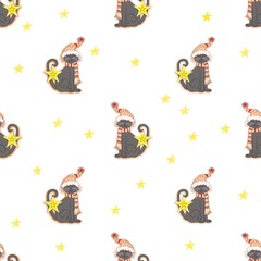 seamless pattern with cute black cats in a hat and scarf, winter edition, 5000x5000 pxl, light background with stars, Christmas inspiration