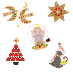 sticker-pack with winter solstice symbols, stars, cute angel, cats, christmas tree from pink hearts, on transparent background