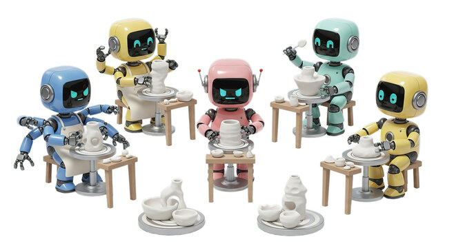 Robot pottery class cute ai robots making clay pots on pottery wheels learning art and craft technology