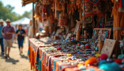 Traditional Native American powwow vendor stall brimming with intricate beadwork, pottery, textiles. Indigenous artistry displays jewelry, handmade crafts, vibrant cultural heritage items for sale.