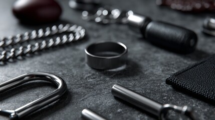 Metal tools accessories black background industrial lifestyle commerce product photography concept