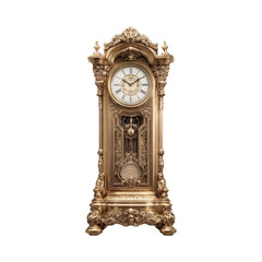 Tall grandfather clock with polished golden face and wooden frame isolated on transparent background for vintage design